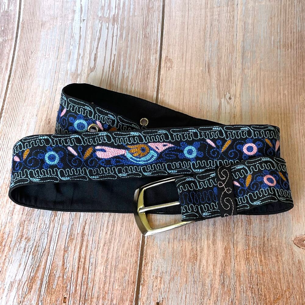 Embroidered Chainstitch Bird Floral Wide Fabric Belt Black Blue Pink 40"